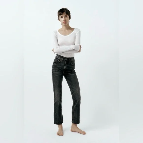 ZARA black high rise denim relaxed fit straight leg jeans EUC size‎ 0 - Picture 3 of 11